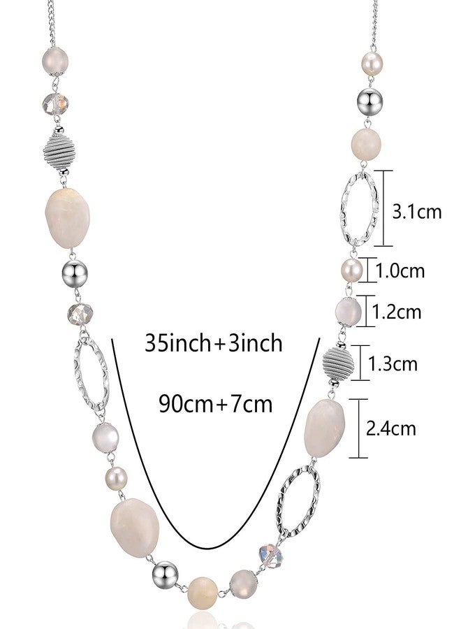 BULINLIN Beaded Long Necklace for Women Silver Sweater Chain Necklace with Crystal Resin Beads, Fashion Jewelry Necklace(White) - Image 5